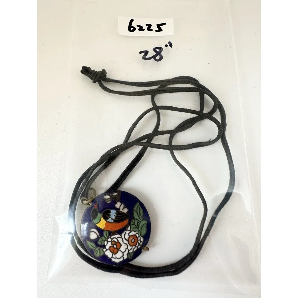 Vintage Double Sided Cloisonné Bird Flower Pendant Necklace 28”